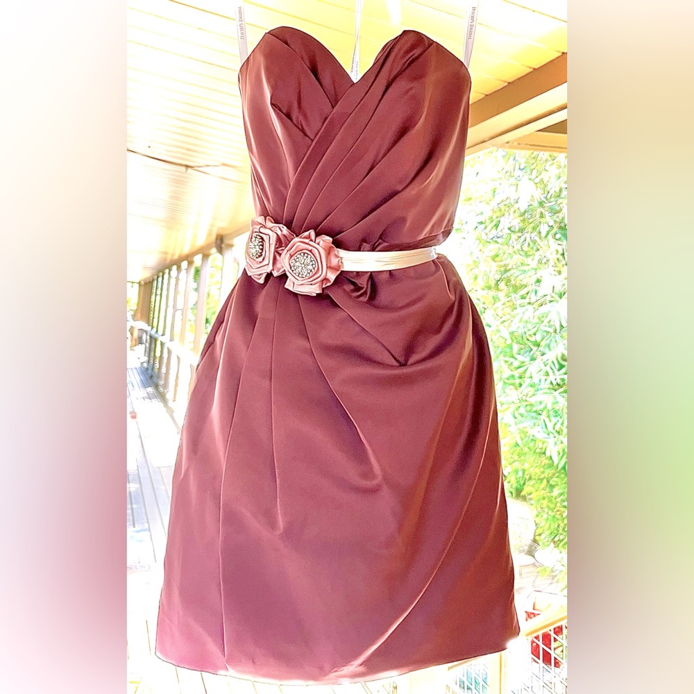 David’s Bridal short strapless pleated satin dress in a mauve, plus sash